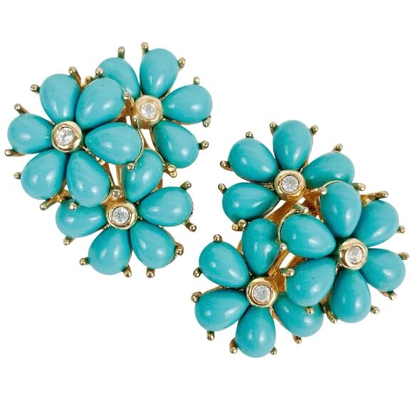 VTG 1960s Signed Monet Robin Egg Blue Cabochon Rhinestone Clip Earrings Colorful - Picture 1 of 10